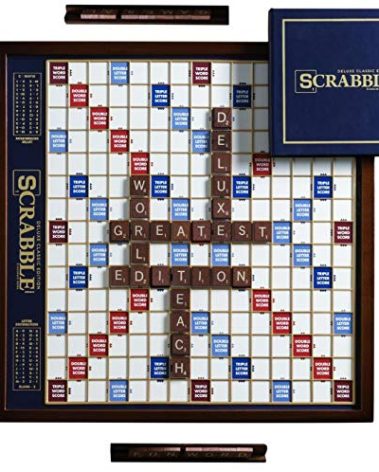 WS Game Company Scrabble Deluxe Edition Board Game Featuring a Rotating Wooden Game Cabinet with Built-in Storage and Raised Letter Tile Grid — Board Games for 2-4 Players (Ages 8+)