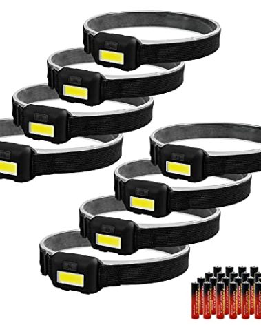 Vaasee 8 Pack Led Headlamp for Adults and Kids, 1.1oz/31g COB Flood Light Ultra Bright Head Lamp with 3 Modes 24 AAA Batteries, Waterproof Work Flashlight for Family Camping Running Reading Hiking