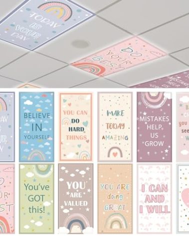 Grinsvalley 12 Pcs Fluorescent Light Covers 4 x 2 ft Magnetic Ceiling Light Cover 120 Magnets Inspirational Boho Rainbow Lamp Filters Easy Install for Classroom School Office Home Drop Decorative