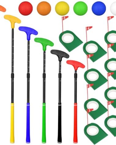 21 Pcs Adjustable Golf Putters Set 6 Two Way Mini Golf Putter for Right Left Handed 6 Colored Practice Balls 9 Pcs Plastic Hole Training Aid for Men Women Indoor Outdoor Backyard