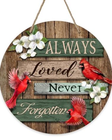 Bolisom Memorial Cardinal Front Door Sign, Always Loved Never Forgotten Red Birds Wood Door Hanger Outdoor Outside Porch Decor, Dogwood Farmhouse Wooden Wreath Indoor Wall Hanging Decoration