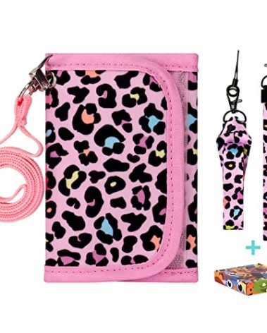 Choco Mocha Girls Wallets for Kids 6-8 8-10, Kids Wallets for Girls 10-12 Trifold Wallet with Lanyard Gift Box 4 5 6 7 8 Year Old Girl Gifts, Leopard-Pink