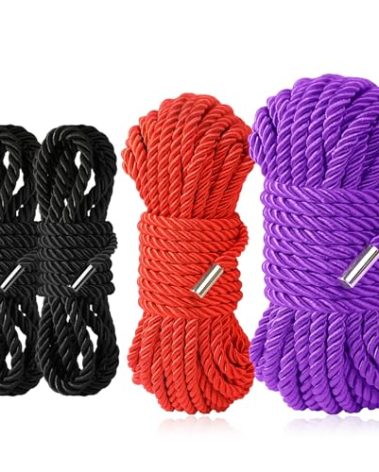 BAVIHOR Silk Soft Rope Durable, 32 Feet 8 mm Multipurpose Long Satin Braided Twisted Rope (2x8ft Black+16ft red+32ft Purple)