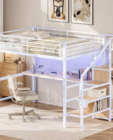 GM Ultra Full Size Loft Bed with Desk & Storage Stairs, Metal Loft Bed Frame with Wardrobe & LED Light, Safety Guard, Versatile High Loft Bedframe for Teens Adults, No Box Spring Needed, White