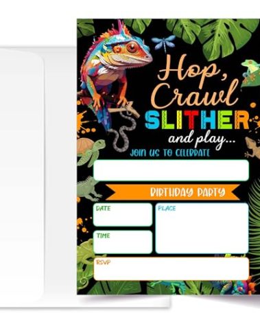 ANYEMW 4x6 Reptile Birthday Invitations, Reptile Birthday Party Decorations, Forest Camping Birthday Decorations, Birthday Party Invitations For Boys Girls, 20 Cards with 20 Envelopes.(35)