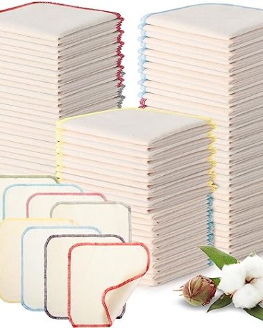 Mixweer 96 Pcs Flannel Cloth Baby Wipes Reusable Baby Diapers Wipes Washable Natural Unbleached Face Wipes Soft and Sturdy Cloth Wipes 8 Colors Outer Stitching 8 x 8 Inches