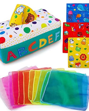 teytoy My First Baby Tissue Box, Soft Stuffed High Contrast Crinkle Montessori Square Sensory Toys Juggling Rainbow Dance Scarves for Toddler, Infants, Newborns and Kids Educational Preschool Learning