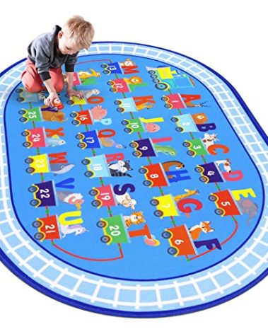 HiiARug Kids Carpet Playmat Rug ABC Alphabet, Numbers, Train and Road Themed Playing Educational Classroom Rug Fun Game Play Area Rug for Kids Bedroom, Toddler Classroom and Baby Playroom Decor