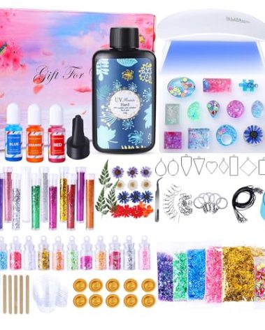 Tamkudoy UV Resin Kit with Light, Clear UV Epoxy Resin Kit with UV Lamp, Resin Supplies, Complete UV Resin Molds Starter Set for Resin Necklace Bracelet Keychain Jewelry Making, Casting Coating Craft