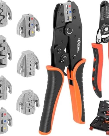 KF CPTEC Crimping Tool Set 9 PCS - Ratcheting Wire Crimper with Interchangeable Jaws for Heat Shrink, Open Barrel, Insulated & Non-Insulated Ferrules, Solar Connectors