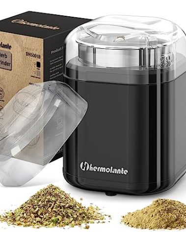 Hermolante Herb Grinder Spice Grinder, 200 w Herb Grinder with Stainless Steel Blade and Cleaning Brush, Compact Size Electric Grinder for Herbs and Spices -5.11in (Black)