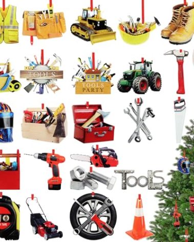 Fullhawl 26 Pcs Construction Tools Christmas Tree Ornaments Acrylic Xmas Hanging Double Sided Pattern Handyman Ornaments for Home Party Decor
