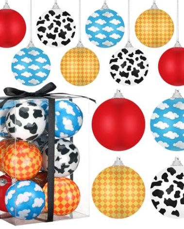 Syhood 12 Pcs 2.4'' Cartoon Christmas Ball Ornaments Christmas Tree Balls Foam Hanging Decor Theme Inspired Cow Cloud Pattern Xmas Party Supplies for Party Home Decor