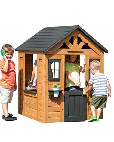 Backyard Discovery Sweetwater Cedar Wooden Kids Playhouse Cottage with Play Kitchen, Snack Bar, Half Door, Toy Phone, Windows, Flowerpot Holders, and Working Doorbell for Outdoor Imaginative Play