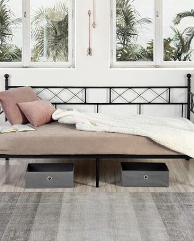 Liink1Ga Twin Size Daybed Frame, Day Bed Black Metal Daybed Frame with Headboard, Mattress Platform Base Box Spring Replacement Sofa Bed for Living Room Guest Room/Style X/Black