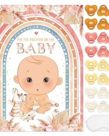 Faccito Pin The Pacifier Baby Shower Game Baby Shower Party Decorations Include Large Poster 24 Pacifier Stickers Blindfold Game Set for Birthday Party Decor Supplies(Boho)
