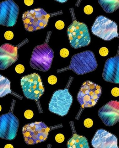 Cotton Pickleball Paddles Balls Equipment Sports Black Cotton Fabric Print by The Yard (683BLACK)