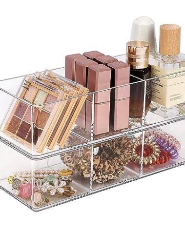 JessLab Acrylic Organizer, 2PK Cube Sections Makeup Organizer for Drawer, Makeup Organizer for Vanity, Countertop, Bathroom, Kitchen and Cabinet Storage(3+3 Compartment)