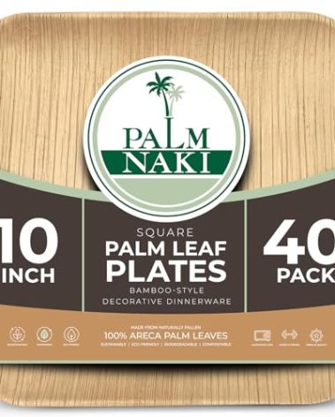 PALM NAKI Eco-Friendly Palm Leaf Plates - 10-Inch Square - Bamboo Style (40 Pack), Sustainable, Decorative & Compostable Tableware (10" Plates)