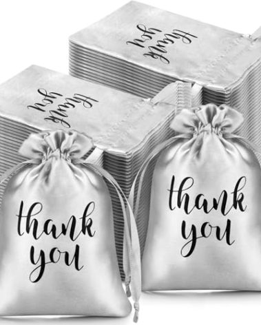 Roowest 100 Pcs Thank You Satin Gift Bags Drawstring Jewelry Candy Pouches for Wedding Bridal Shower Baby Shower Favor Drawstring Bag for Birthday Holiday Party(4 x 6 Inch,Silver)