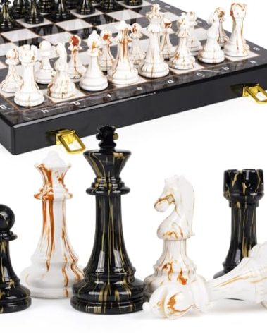 15" Large Chess Set for Adults with Weighted Acrylic Chess Pieces 3.5" King & Portable Folding Marbling Wooden Chess Board Travel Chess Sets Family Board Game Gift – Elegant Classic Chess Game