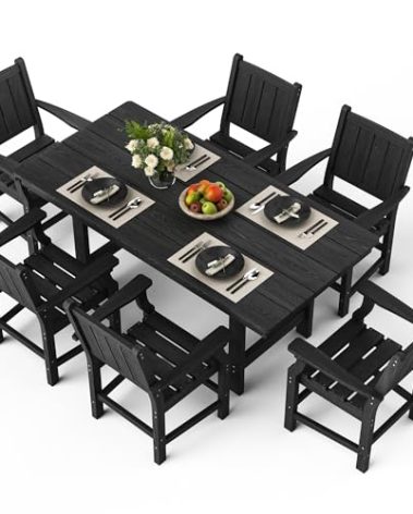 PamapicLife 7-Piece HDPE Outdoor Dining Set, Wood-Like Design Outdoor Table and Chairs with Elegant Armrest, All-Weather Patio Table and Chairs Set with Umbrella Hole for Porch, Poolside, Black