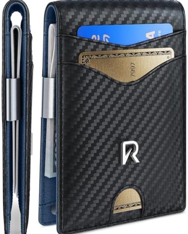 Ronyxet Slim Wallet for Men with Money Clip, Leather RFID Blocking Mens Wallet, Minimalist Credit Card Holder, Front Pocket Bifold - Gift Box Included (Money Clip, Carbon Dark Blue)
