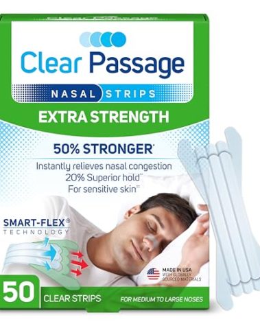 Clear Passage Nasal Strips, Clear Extra Strength, 50 Count | Works Instantly to Improve Sleep, Reduce Snoring, & Relieve Nasal Congestion Due to Colds & Allergies