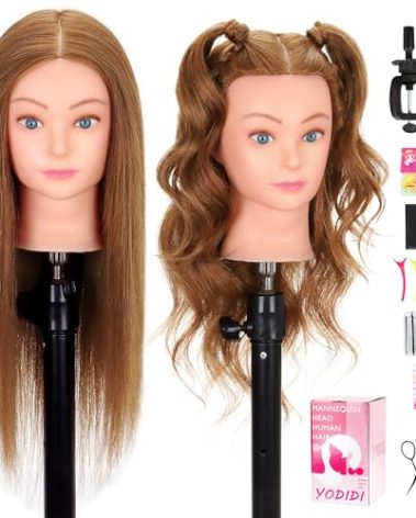 Mannequin Head Human Hair 22"-24" Female 100% Human Hair Mannequin Head Hair Styling Cosmetology Manikin Head Doll Head for Hairdresser with Clamp Holder and Tools (light brown)