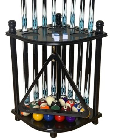 GACCO BILLIARDS Floor Pool Cue Rack Hold 8 Cue Sticks & Billiard Accessories. Corner Stand Pool Cue Holder Made of 100% Solid Hardwood. Provided Ball Rack Hook. CUE RACK ONLY (Black)