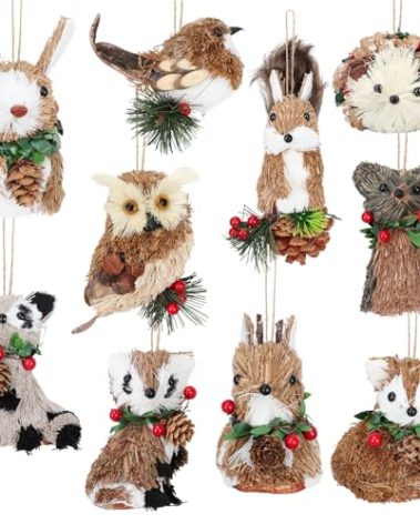 Zealor 10 Pack Sisal Woodland Animals Christmas Ornament, Christmas Tree Ornaments with Natural Sisal Straw Forest Animals Deer, Rabbit, Squirrel, Fox, Rustic & Wood Decor for Home Xmas Theme Decor