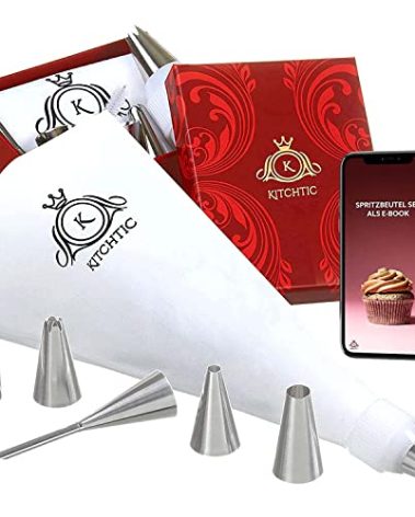KITCHTIC Piping Bag Set - Large Reusable Cotton, Round Shape, 6 Pieces, Includes Nozzles, Adapter, Cleaning Brush & E-Book with Cake Decoration Tips