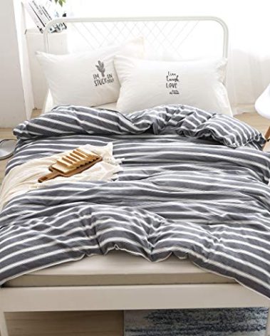 F.Y.Dreams 100% Washed Cotton Duvet Cover for Weighted Blanket 60x80 inches with 16 Ties, Zipper on Long Side/Stripe Grey/Just Duvet Cover