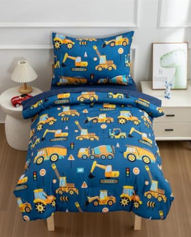 NTBED 4 Pieces Traffic Construction Toddler Bedding Set for Baby Boys,Truck Vehicles Excavator Cars Printed, Includes Comforter, Flat Sheet, Fitted Sheet and Pillowcase,Blue