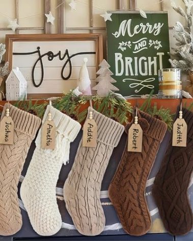 MiniInflat 5 Pack 18 inch Neutral Personalized Christmas Stockings Bulk, Rustic Farmhouse Cable Knit Fireplace Hanging Stocking with Name Tags Earth Tones Brown Decor for Xmas Holiday Family Party