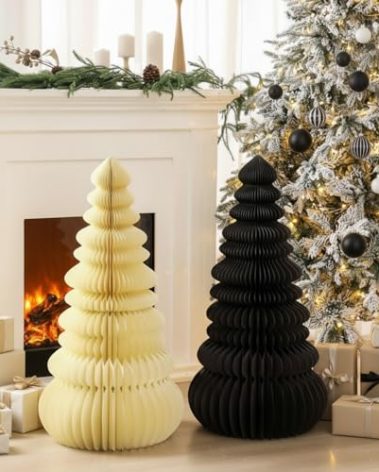 Vercraft 2 Pcs 3ft Large Honeycomb Christmas Tree Paper Christmas Decorations 3D Folding Tree Home Floor Decor with Magnetic Design for Winter Festive Holiday Party Supplies, Black and White