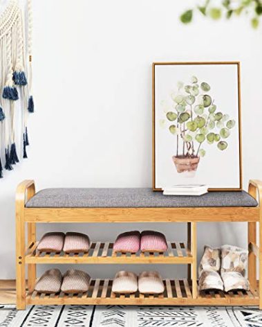 Giantex Bamboo Shoe Bench,3-Tier Entryway Bench with Cushion,Max Load 330 LBS, Modern Stool Storage Shelf for Bedroom Living Room Hallway (Natural and Grey)