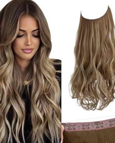 SARLA Invisible Wire Hair Extensions with 3 Clips Synthetic Wavy Curly Hairpiece Adjustable Transparent Headband for Women 16 Inch Ash Medium Brown/Ash Blonde Highlights