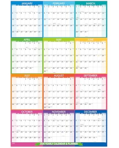 2026 Yearly Wall Calendar - 2026 Calendar, JAN 2026 - DEC 2026, Yearly Calendar/Planner, 34.3" x 22.8"(Open), 2026 Wall Calendars with Double-Sided Round Sticks - Colorful