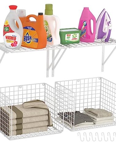2 Pack Laundry Room Shelves Wall Mounted with Wire Baskets, Over the Washer and Dryer Shelf with Clothes Drying Rack, 8 Hooks，Wire Shelves Baskets for Laundry Closet Organization and Storage, White