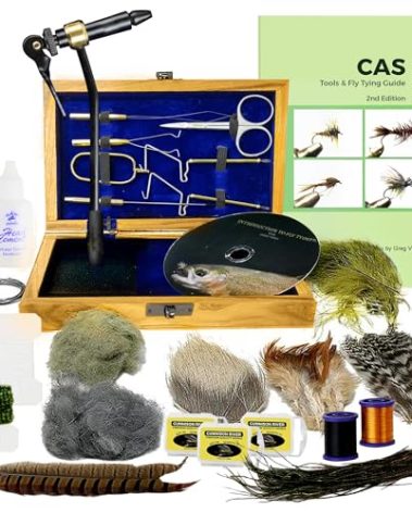 Creative Angler Fly Tying Standard Tool Kit with Wooden Box, Book & DVD, Rotary Vise, Bobbin, Scissors, Whip Finisher, Complete Fly Fishing Set for Beginners & Pros