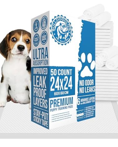 Bulldogology 50-Count Dog Puppy Pads (24x24) Large Pee Pads for Dogs - 6 Layer Pet Training Pads, Super Absorbent Puppy Pads with Adhesive Tabs for Small to Large Dogs