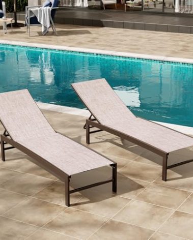Crestlive Products Lounge Chair Outdoor Set of 2, Aluminum Pool Chaise Lounge Chairs, Adjustable Five-Position Tanning Recliner, All Weather for Patio, Beach, Yard, Pool (Beige)