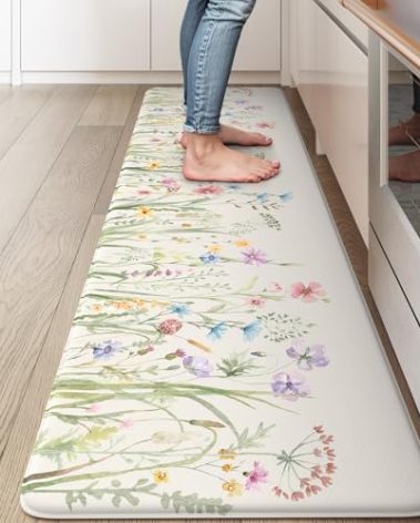 KIMODE Anti Fatigue Kitchen Mat, Cushioned Boho Kitchen Runner, Non Slip Farmhouse Kitchen Mat for Floor, Waterproof Standing Desk Mat for Laundry, Office, Sink White 17.3"x59"
