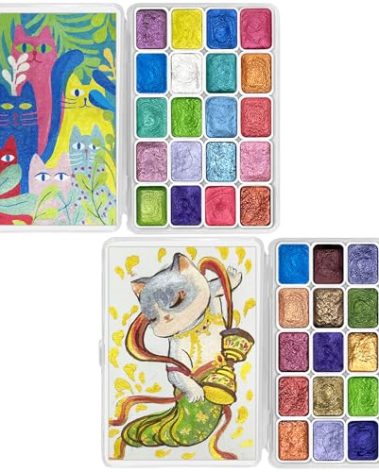 CraftyManor Mini Forestry Shifting Watercolor Painting Set - 40 Color Shifting Watercolor Paints, Shimmer Metallic & Glitter Watercolor Paints, Matisse & DunHuang Style