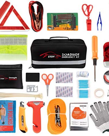 STDY Car Roadside Emergency Kit, Vehicle Truck Safety Road Side Assistance Kits Auto Accessory, with Jumper Cables, First Aid Kit, Tow Rope, Reflective Triangle, Tire Pressure Gauge, etc