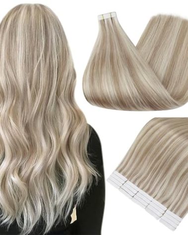 Full Shine Tape in Hair Extensions Human Hair 18 Inch Remy Human Hair Tape in Extensions Color 18/613 Ash Blonde Highlight with Platinum Blonde Invisible Hair Extensions Tape Ins 20Pcs 50Grams