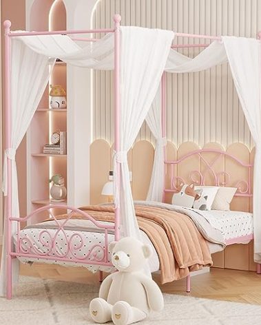 Weehom Princess Canopy Bed Frame with 4 Posters, Sturdy Metal Platform Mattress Foundation with Headboard&Footboard No Box Spring Needed Twin Size Bed for Kids Girls Adults Pink