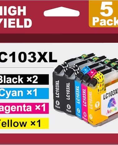 Aoou 103 Ink Cartridges, 5 Pack Compatible LC-103XL LC-103 XL LC103XL LC 103 XL Ink Cartridge for Brother MFC J870DW J450DW J470DW J650DW J4410DW J4510DW J4710DW Printe (2 BK 1 C 1 M 1 Y) 5 Pack