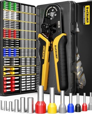 DxCRIMP Ferrule Crimping Tool Kit, Ratchet Pliers for 24-8 AWG with 18 Types Insulated and Non-Insulated Ferrules, Self-Adjusting Pliers, Wire Ferrules Kit, Square Crimp Connector Assortment Kit